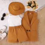 SHEIN Young Girl Royal Blue 4-Piece Blazer Vest, Shorts, Cami, and Hat Set