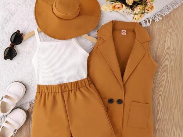SHEIN Young Girl Royal Blue 4-Piece Blazer Vest, Shorts, Cami, and Hat Set